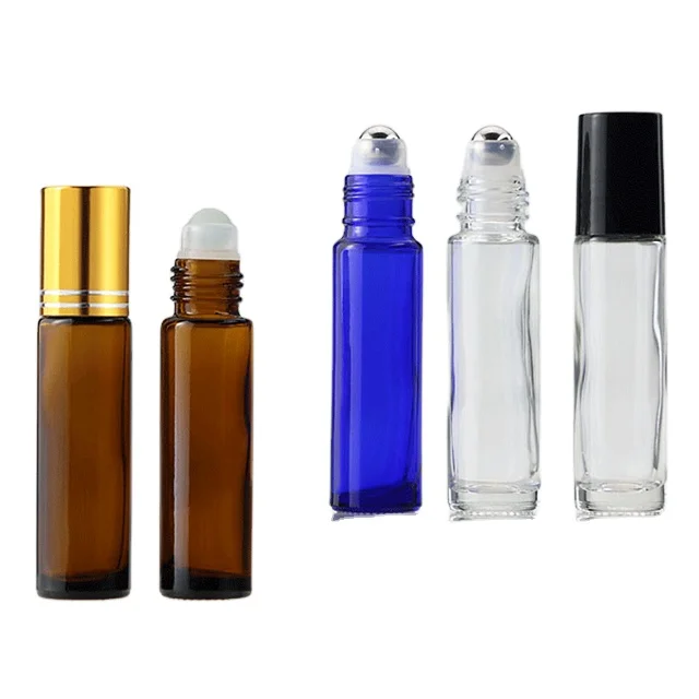 Empty 5ml 10ml amber green essential oil glass roller bottle 10 ml with stainless steel roll on ball wholesale