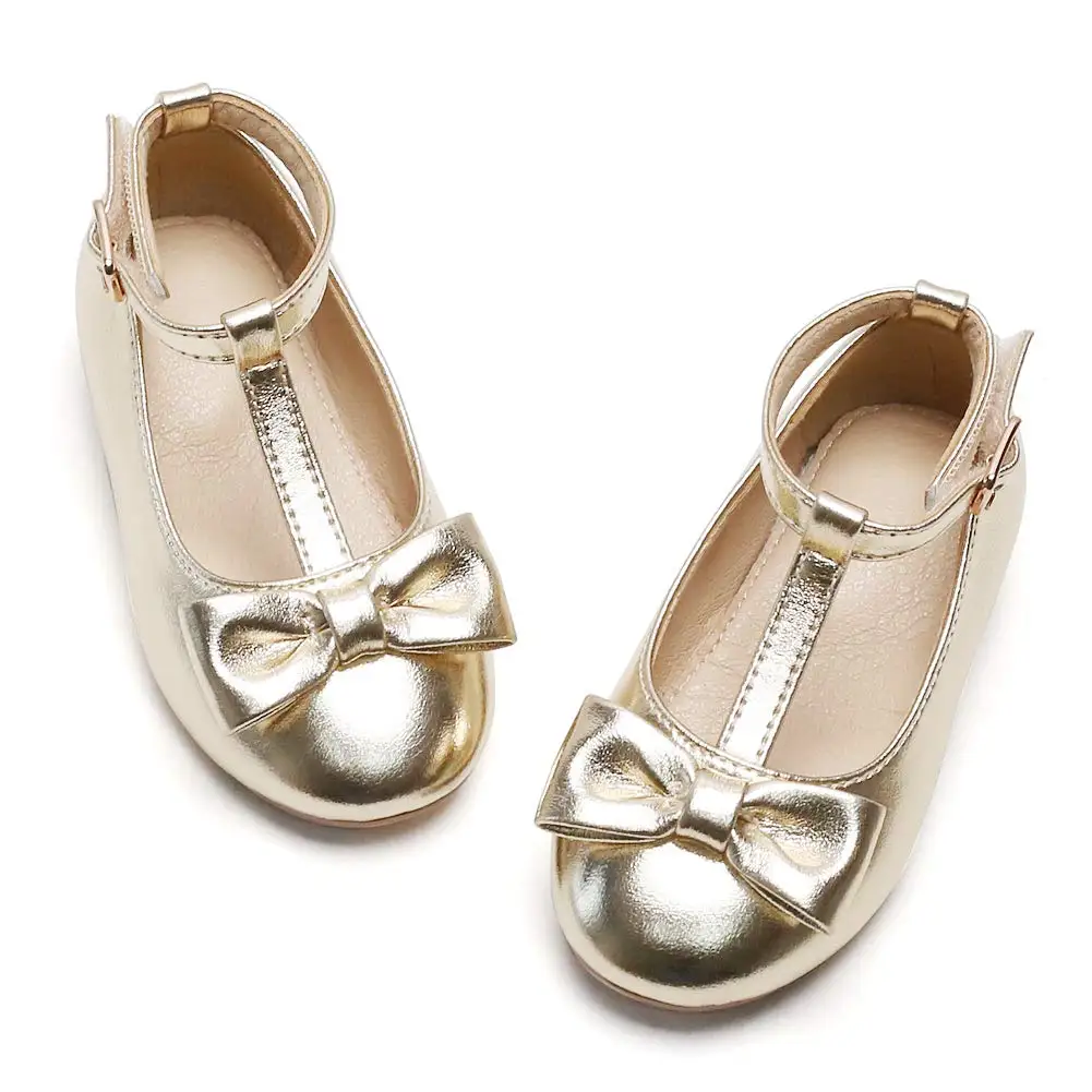 T Strap Gold PU Bow Party School Wedding Mary Jane Custom Girls Flats Dress Shoes