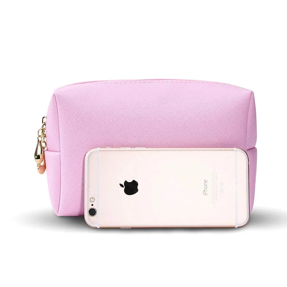 Hot women beauty Pink Saffiano PU Leather Pochette with Double Gold Color Metal Zipper Puller Waterproof Cosmetic Bag