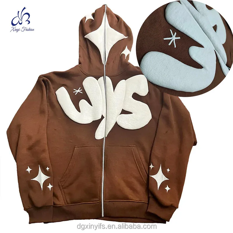 Custom Manufacturer Y2K Men French Terry 100% Cotton Low Minimum Oversized 3D Logo Full Face All Zip Up Hoodie Puff Print