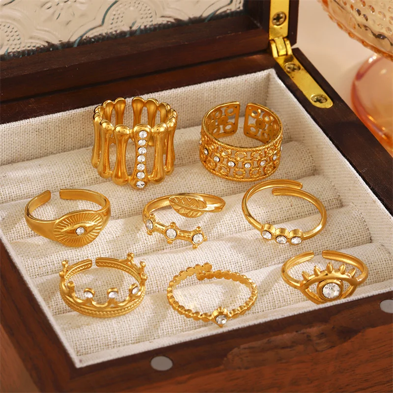 Vintage Rhinestone Inlaid Hollow Bone Wide Rings PVD Gold Plated Stainless Steel Leaf Evil Eyes Diamond Open Ring