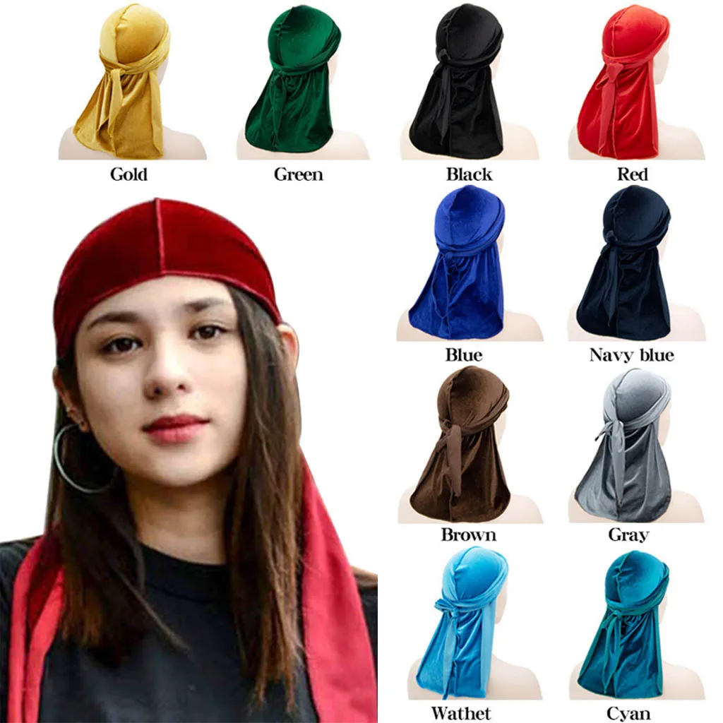 Hip Hop Cap Solid Color Man Long Tail Du-Rags Headwraps Coral Velvet With Silky Durags For Men