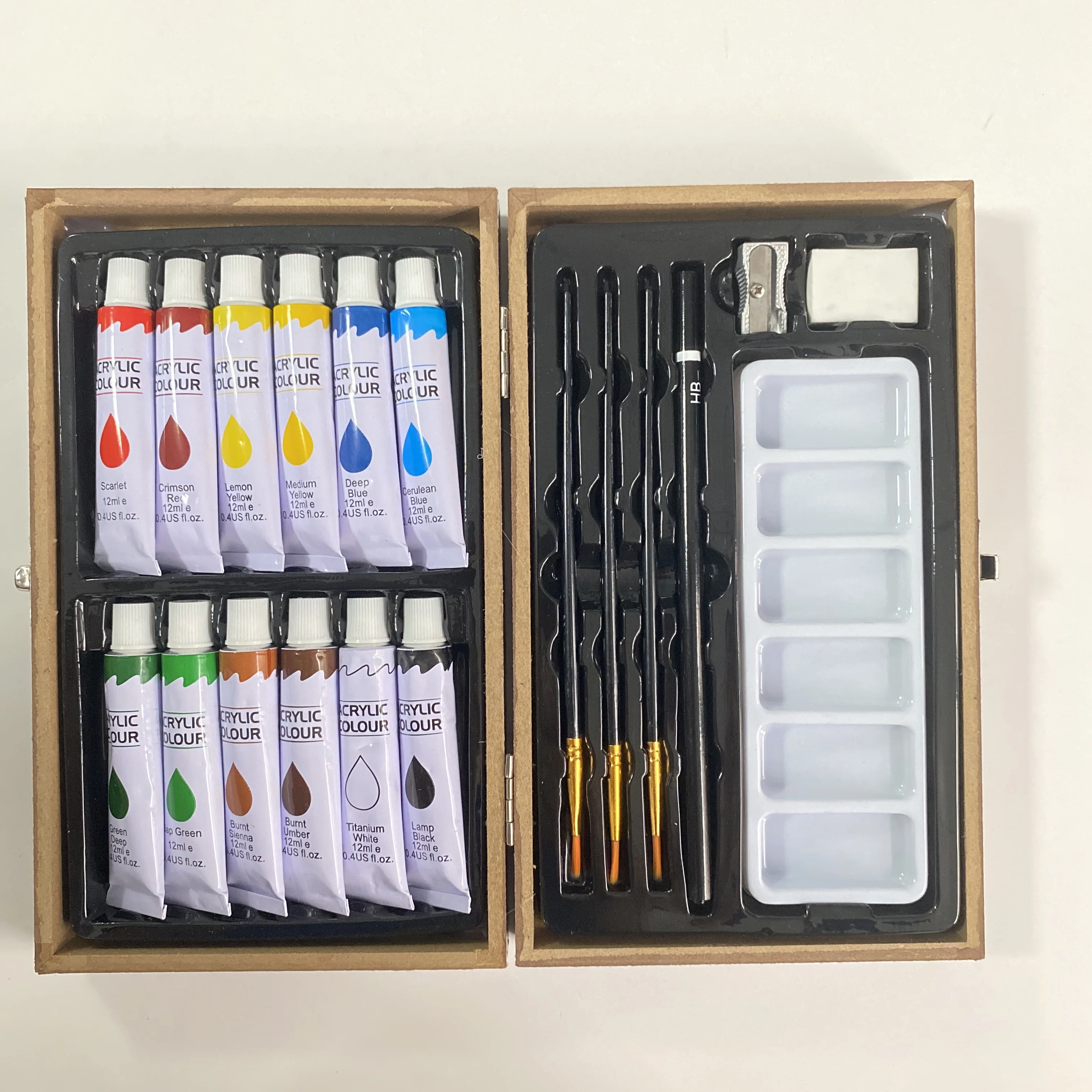 Customized Logo Deluxe 20pcs Art Set Wood Case Package Stationery Set with Pencil 12ml Acrylic Paint for Painting Drawing