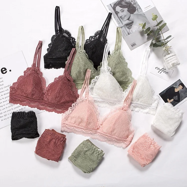 
Новинка, кружевное нижнее белье для девочек, комплект с бюстгальтером с треугольными чашками, привлекательный комплект нижнего белья без оправы, дышащий бюстгальтер и трусики 