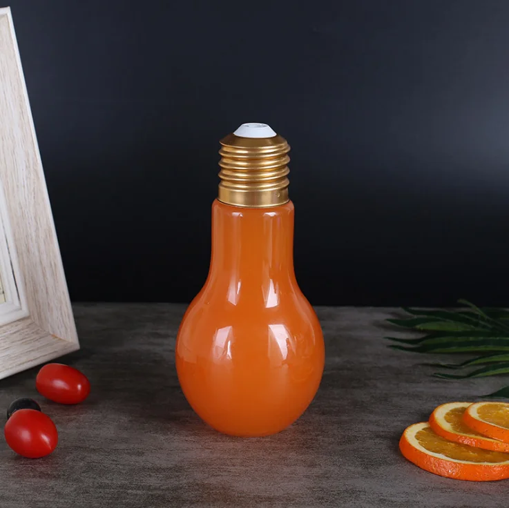 LED Drink Bulb Bottle 300ml 400ml 500ml  Light Bulb Shaped PET Cup for Cold Juice Beer Bubble Tea Beverage