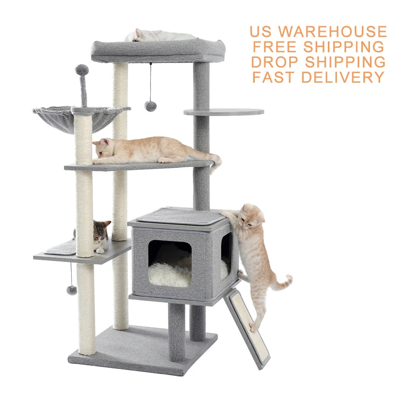
Free Shipping Multi-layer Wooden Cat Tree Cat Scratcher With Cozy Condo Top Perch For Large Cats 
