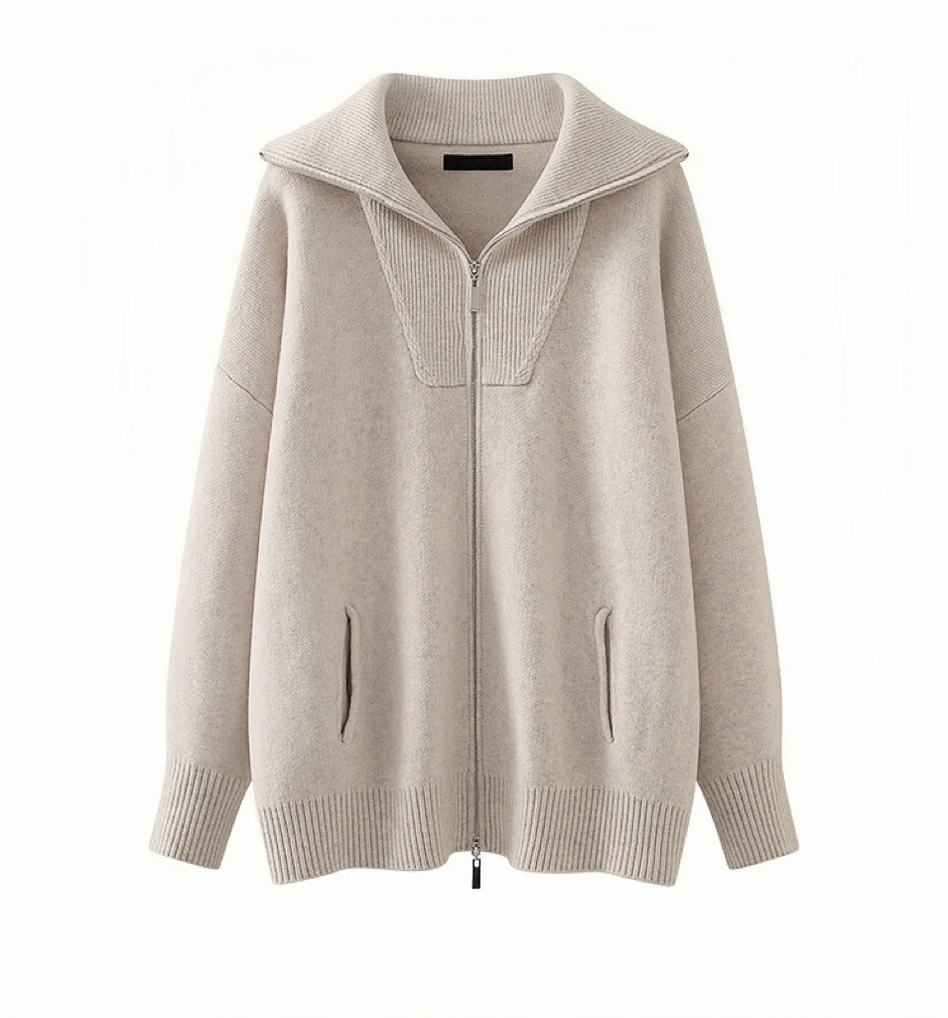 Custom Women Oversized Thickened Zipper Cardigan Coat Ribbed Knitted Turn-Down Collar Casual Sweater Cardigan With Pockets