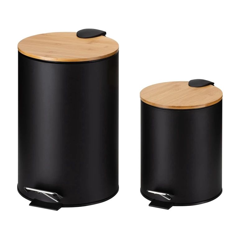 2024 popular model bamboo lid 5 Liter Black Round Metal Foot Pedal trash can with Removable Inner Wastebasket for Kitchen