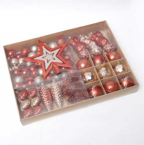 Wholesale gifts plastic ball ornaments mixed in brown paper box 71pcs suit pack fashion luxury Christmas tree decorations