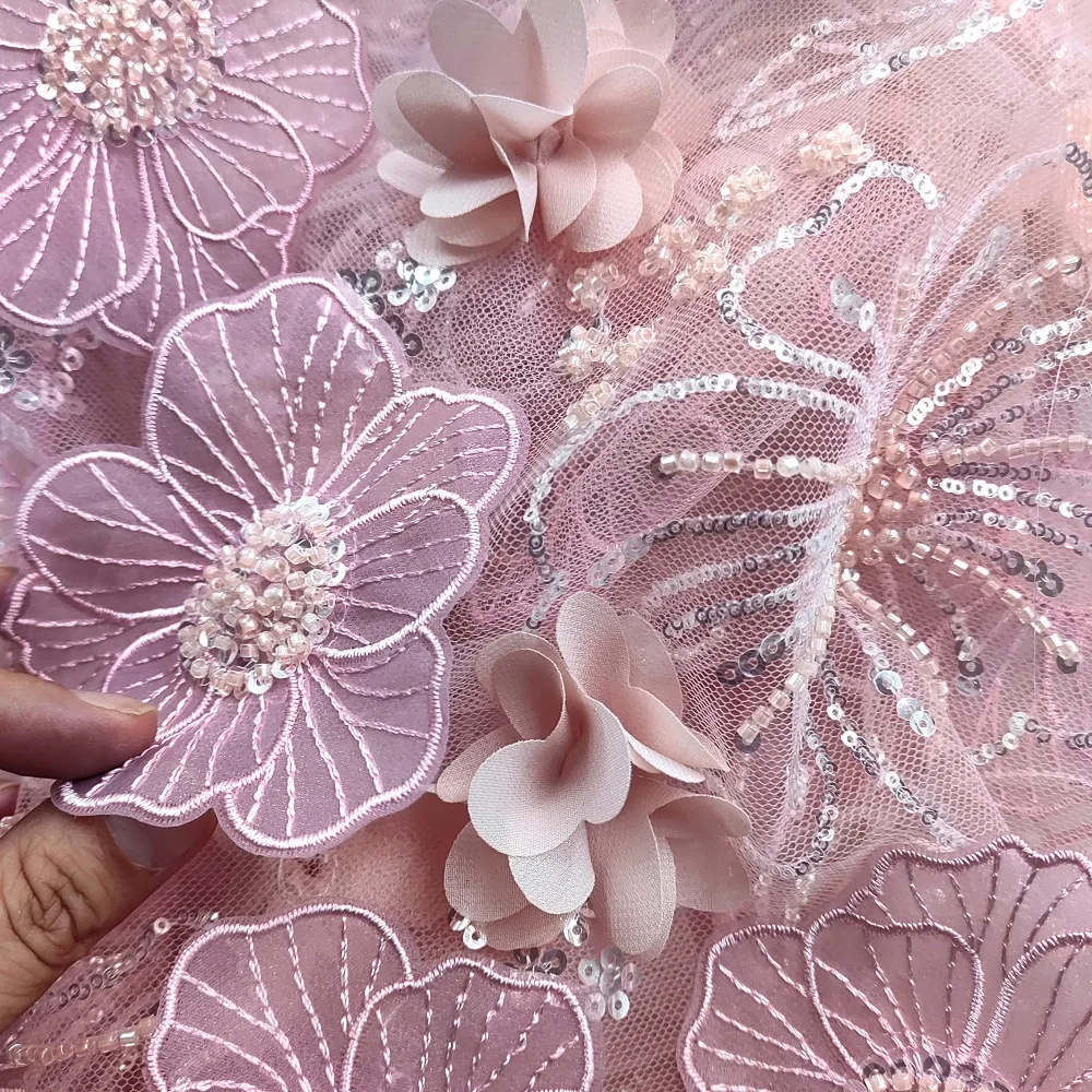 American fashion organza kids dresses 3d flower embroidered rose fabric kids dress fabric material beaded swiss lace