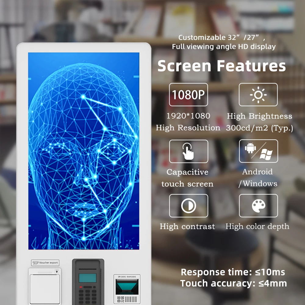 Multi-payment methods 27/32' flexible screen facial recognition scanner printer password keypad cashless payment self kiosks