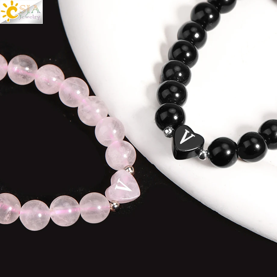 Amethysts Obsidian Rose Quartz Bracelet 26 Letter A-Z Initial Heart Shape 8mm Crystal Beads Real Natural Stone Bracelet  H283