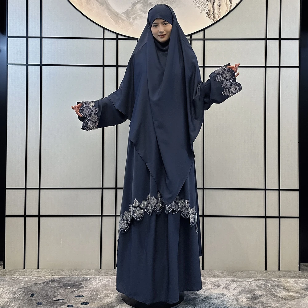 Jilbab Abaya Muslim Dress Embroidered Rhinestone Middle East Abaya Prayer Robe Plus Size Ramadan Eid Jilbab Khimar and Abaya Set
