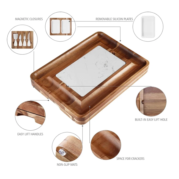 Customized Wooden Cheese Board Set Acacia Wood Large Charcuterie Board with Stainless Steel Knife Set Thick Wooden Server