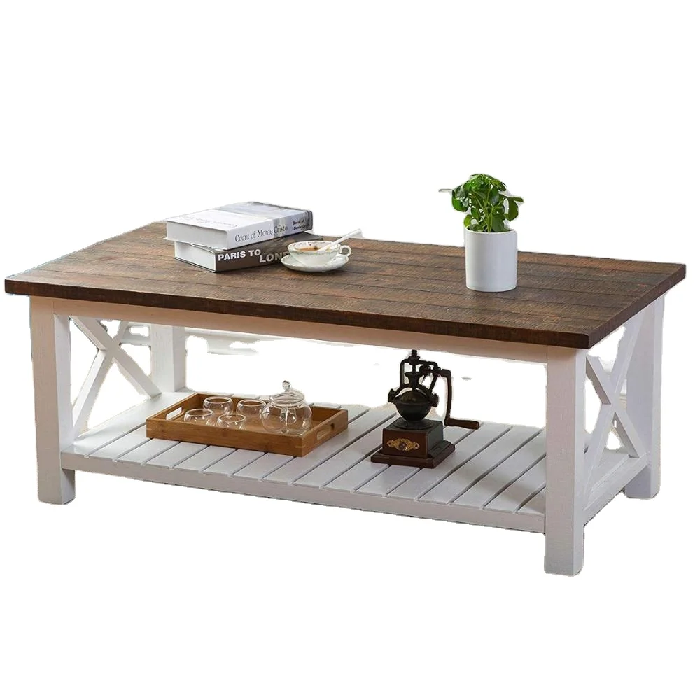 
Wood Rustic Coffee Table Farmhouse Vintage Cocktail Table with Shelf for Living Room White and Brown  (62014111987)