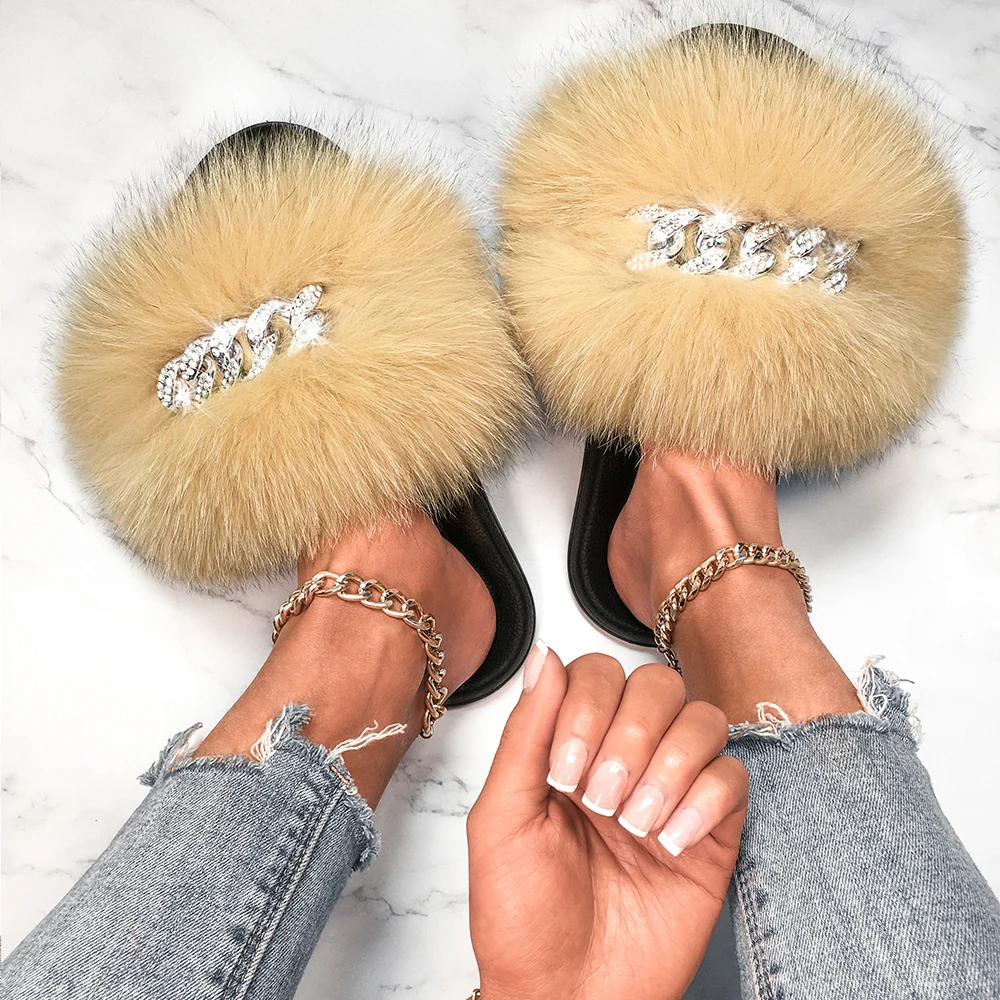 Fox Sandals Furry Fur Slippers Fluffy Flip Flops Diamond Chain Real Fur Slides For Women Ladies House Slippers Beach Flat Shoes
