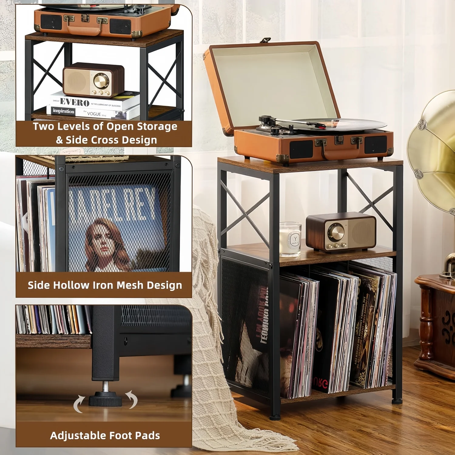 3-Tier Brown Vinyl Records Storage Holder Turntable Stand Display Shelf Bedroom Living Room Office CD Rack 100 Albums End Table