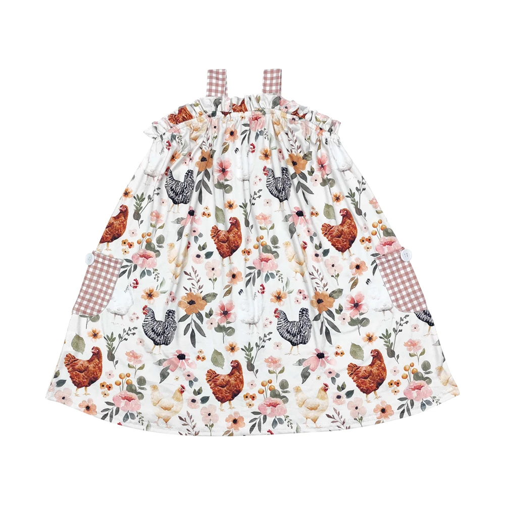 Girls beautiful dresses plaid straps chicken floral print farm dresses wholesale girls farm dresses boutique low price clothes