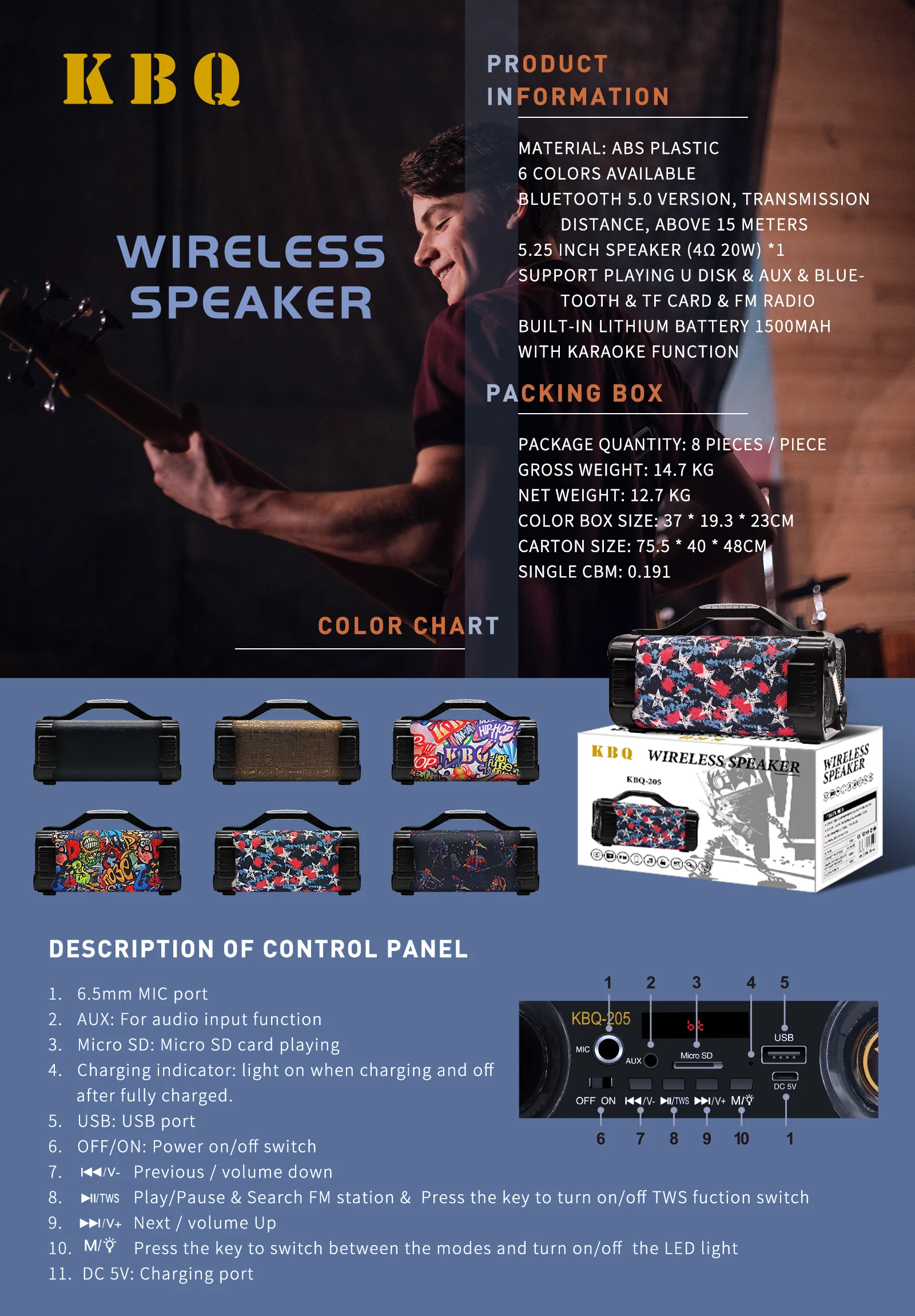 Wireless Portable Bluetooth Boombox Speaker Karaoke system Stereo sound outdoor speaker 15W