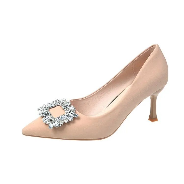 Amazon AliExpress Hot Sale Banquet Lady High Heels Candy Color Satin Bling Rhinestone Buckle Party Girls Heels