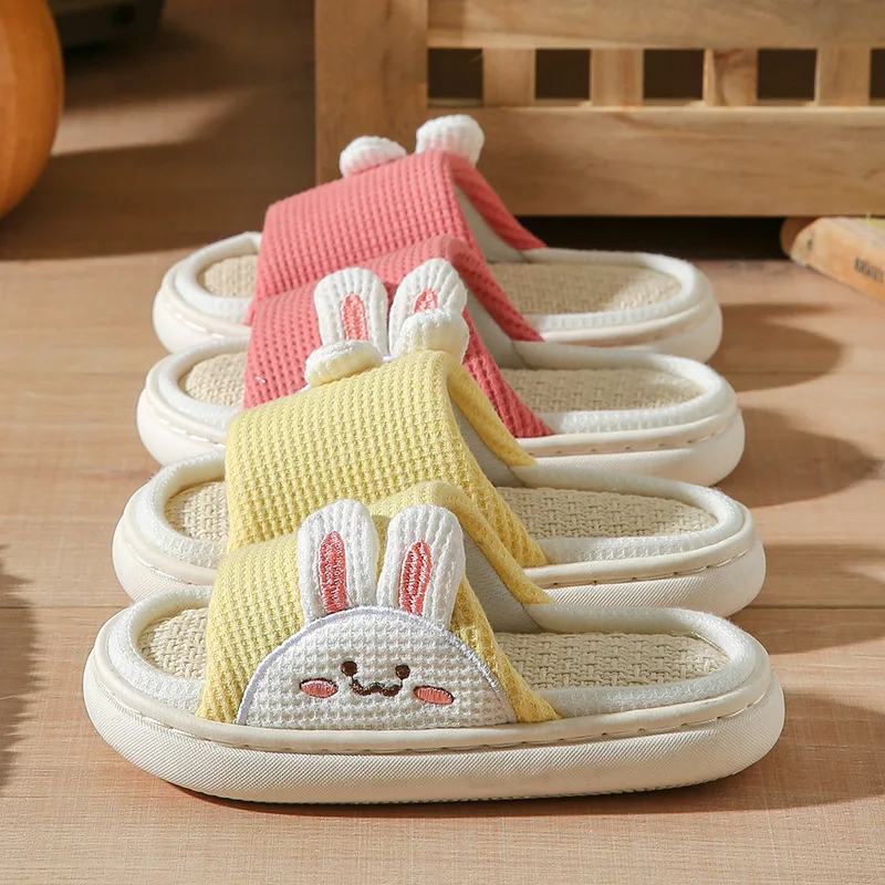 2022 Cartoon Bear Rabbit Linen Slippers For Children Floor Indoor Summer Shoes Cotton Mute Home  Non-slip Slides Slippers