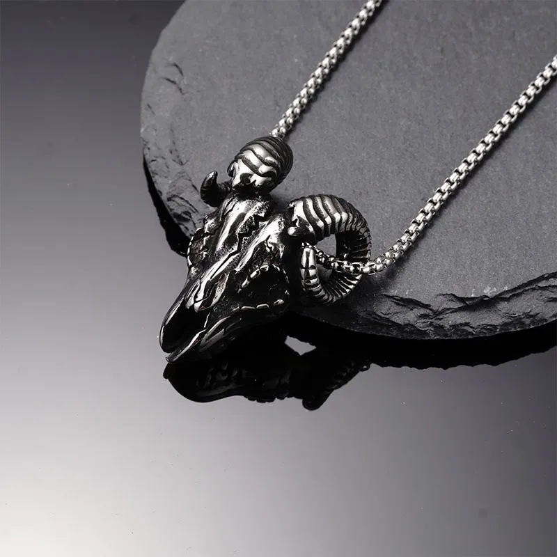 Unisex Stainless Steel Gothic Pendant with Demon Satan Baphomet Goat Head Skull Silver Plated for Gift or Party
