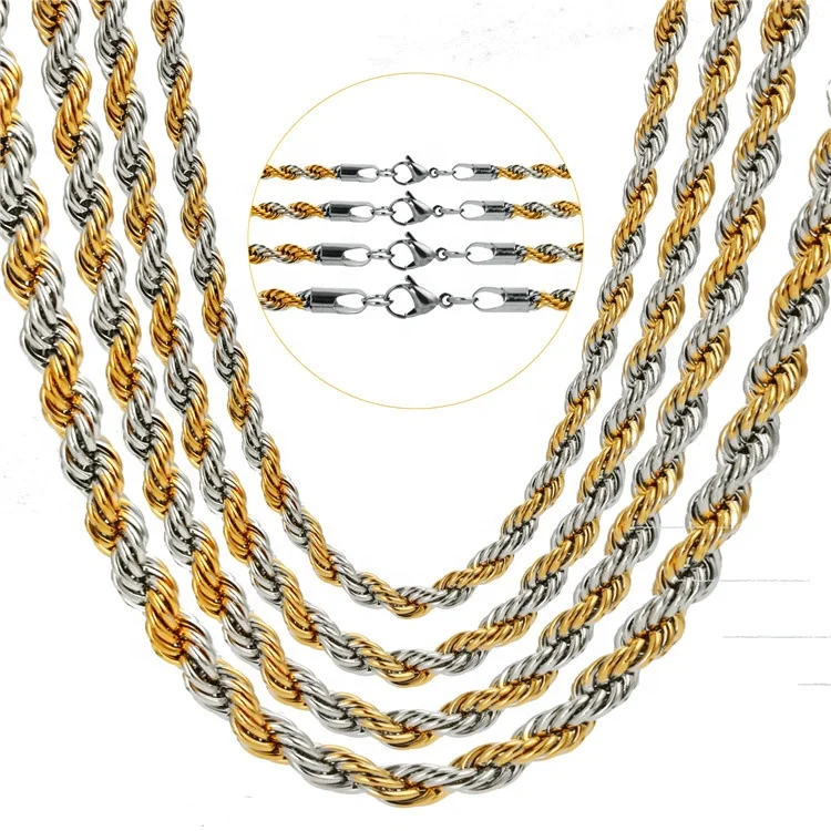 Hot mens womens hip hop jewelry 3mm 4mm 5mm two tone gold plating stainless steel rope chain