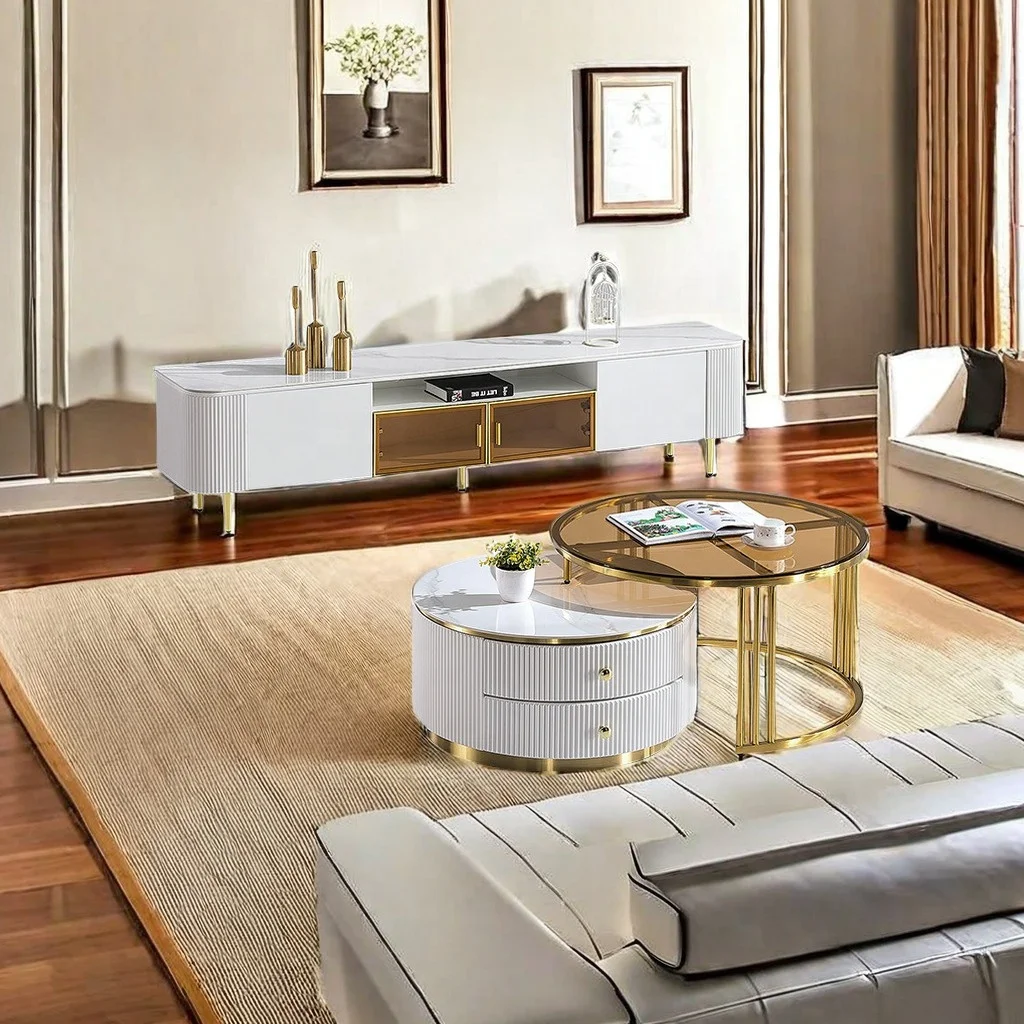 Hot Sale Luxury Modern Design TV Stand and Coffee Table Set Wood Panel Home Furniture for Living Room MDF Material