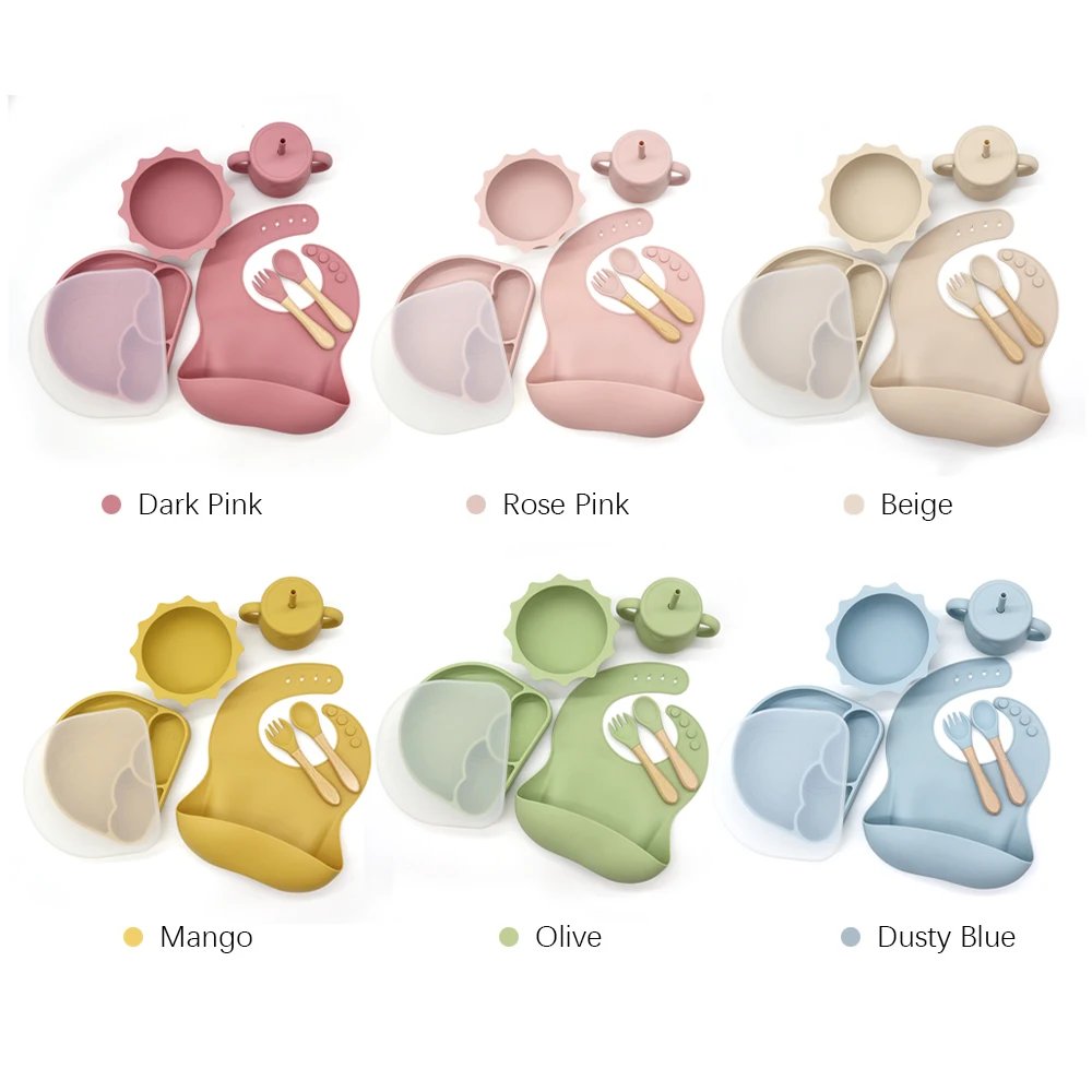 OEM Custom Wholesale Toddler BPA Free Kids Silicone Baby Feeding Set Bowl Spoon Bib Waterproof