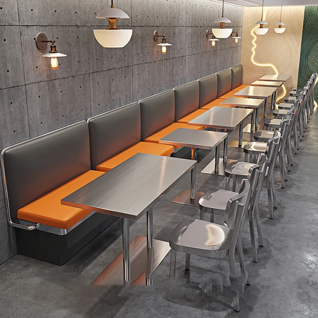 chrome brushed plated Stainless steel western pizza canteen restaurant sofa table and chair furniture for bar cafe