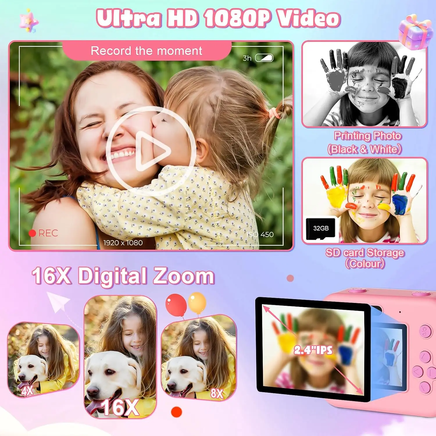 D5 детская 1080P Цифровая видеокамера для селфи с мгновенной печатью камера детей картой памяти 32 г