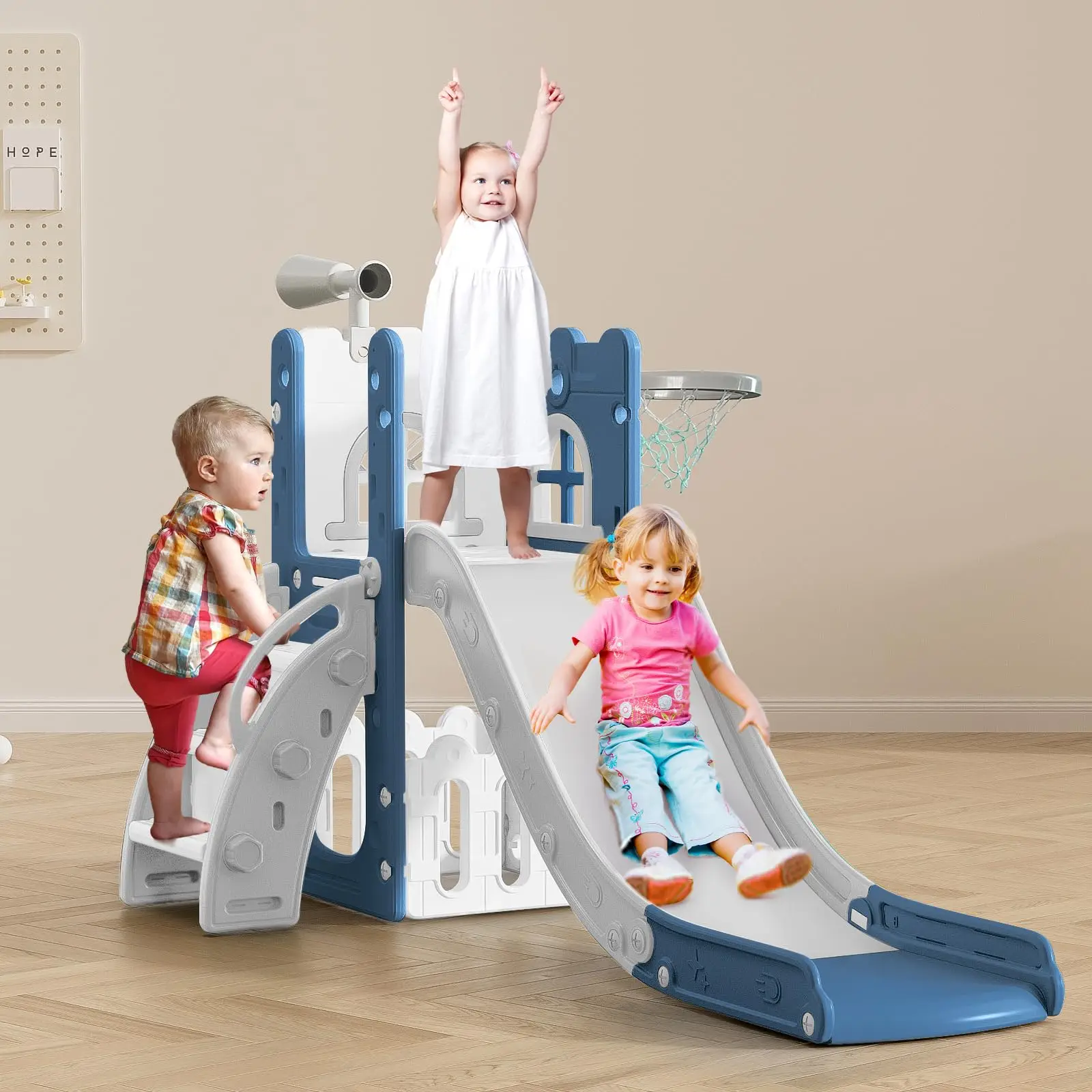 6 in 1 Toddler Slide,Indoor Slide for Kids,Baby Climber Play set,Kids Slide Toys with Basketball Hoop,Toddler Outdoor Playground