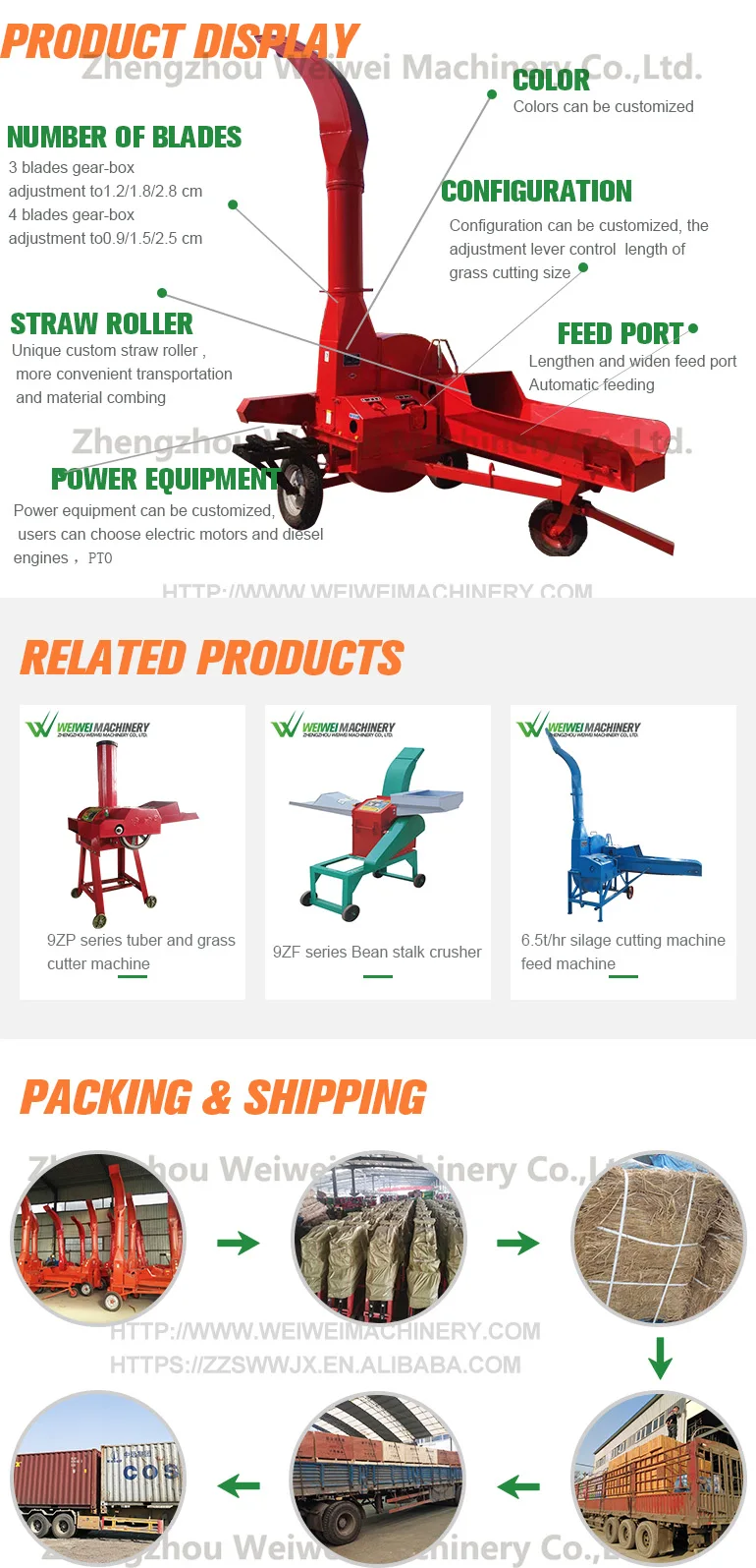 Weiwei 9ZP-10 feed making chaff cutter electric diesel tractor operated 10t/h farm machines