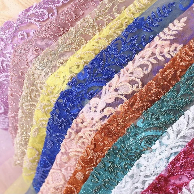 New arrival elegant pearl beaded sequined holographic glitter tulle