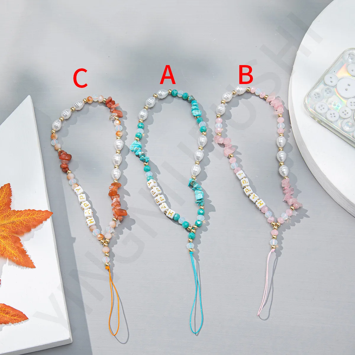 Fashion Diy Pink Rose Quartz Chips Cell Phone Chain Custom Logo Cute Pearl Beaded Mobile Phone Charm Straps