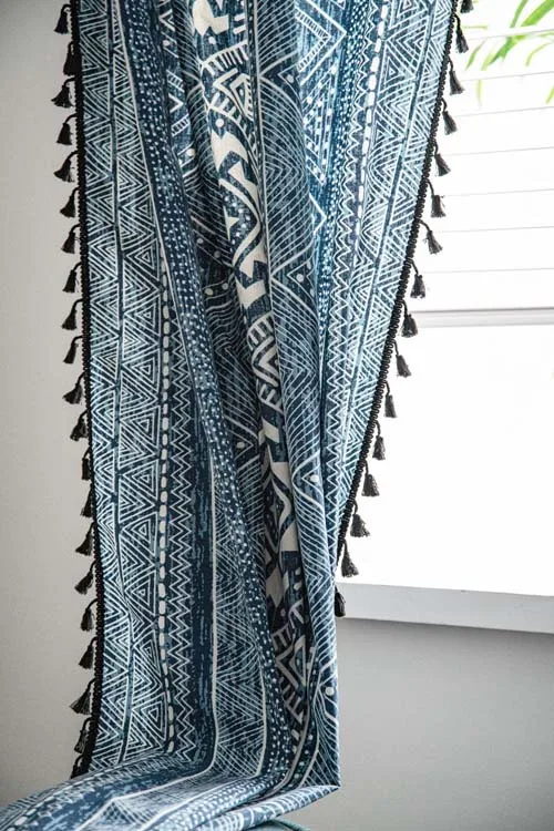 Retro Countryside Bohemian Tassel  Curtain Cotton Linen Printed Blue Curtains  for Kitchen  Bedroom Blackout Window Curtains