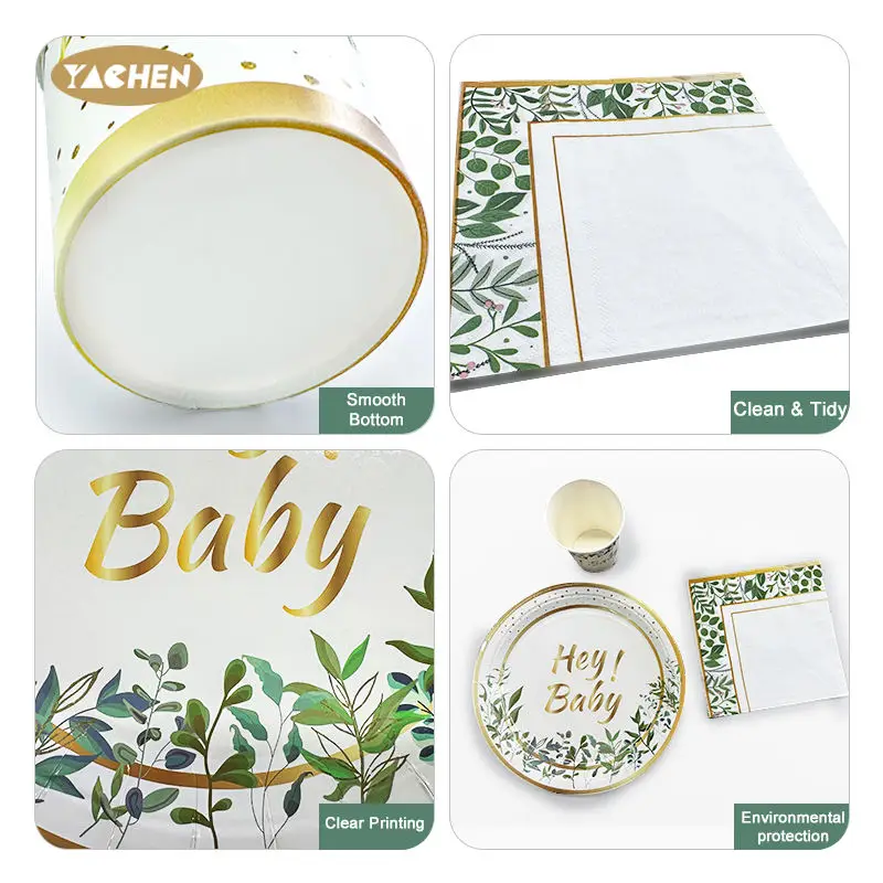 YACHEN Greenery Baby Shower Party Supplies Disposable Baby Birthday Party Tableware set Paper Plates Napkins Cups