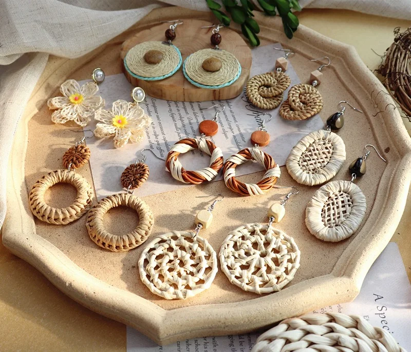 HOVANCI Bohemian Jewelry Handmade Hollow Geometry Wooden Drop Earrings Ethnic Woven Braided Wood Earrings For Women