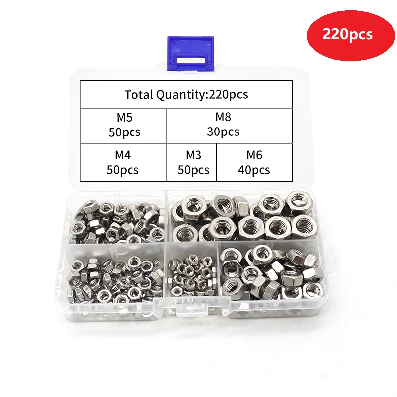 220 pcs nut assortment kit 304 Stainless Steel hex lock nut furniture Accessories M3 M4 M5