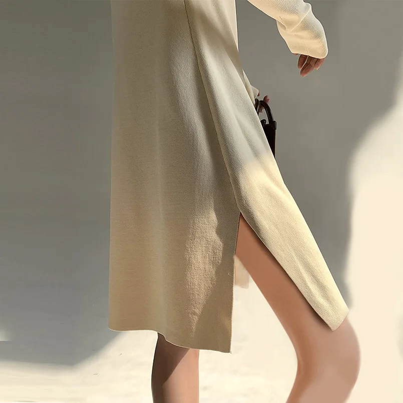 Soiling pure color asymmetrical neck pullover knitwear elegant Design sense niche knit dress women long sleeve base skirts