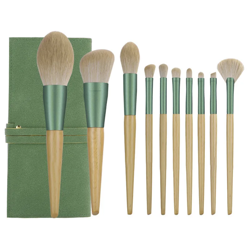 Wholesale high quality 10pcs custom logo eco friendly synthetic hair vegan green cheap makeup brush sets