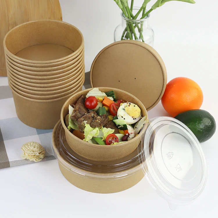 Disposable food container brown kraft paper poke bowl soup salad bowl with lid can be customized