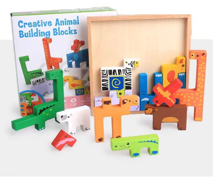 
Wholesale educational 3D wooden creative jigsaw animal building blocks puzzle toy for kids 