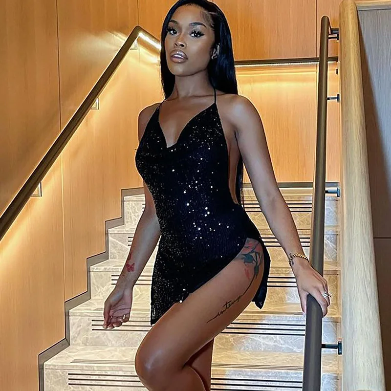 Sexy Backless Cut Out Party Dress Sleeveless Hang Neck Slit Short Dress Women Sexy Club Dress