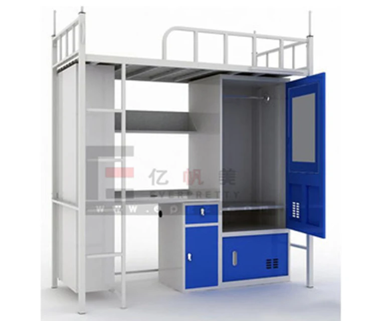 Modern Style Design School Dormitory Furniture Single Bunk Bed with Wooden Wardrobe