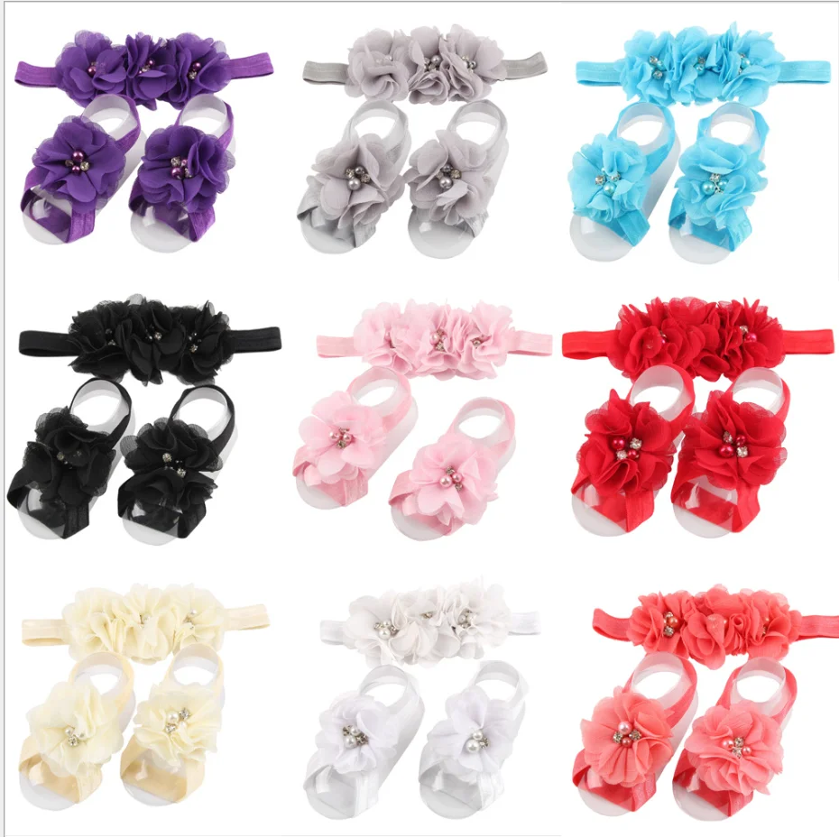 Colorful Foot Flower Barefoot Headband Hair Band Accessories for Baby Infants Girls Toddler Newborn Chiffon Lace 14 colors