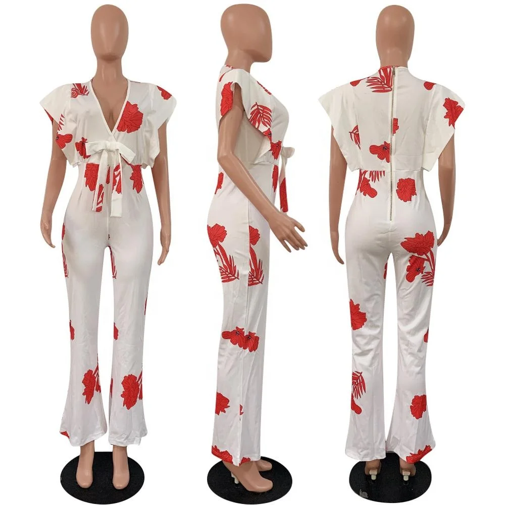 Deep V Wide Leg Pants Jumpsuits Print 2023 New for Women Women Clothing Summer Customized Logo Woven Picture YARN DYED Skinny