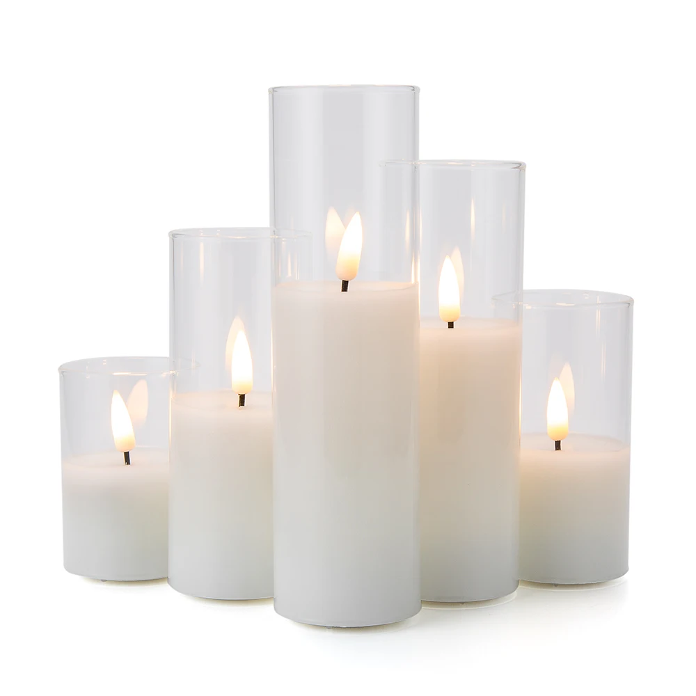 Set of 5 home decoration pillar white glass warm light remote flickering led candle