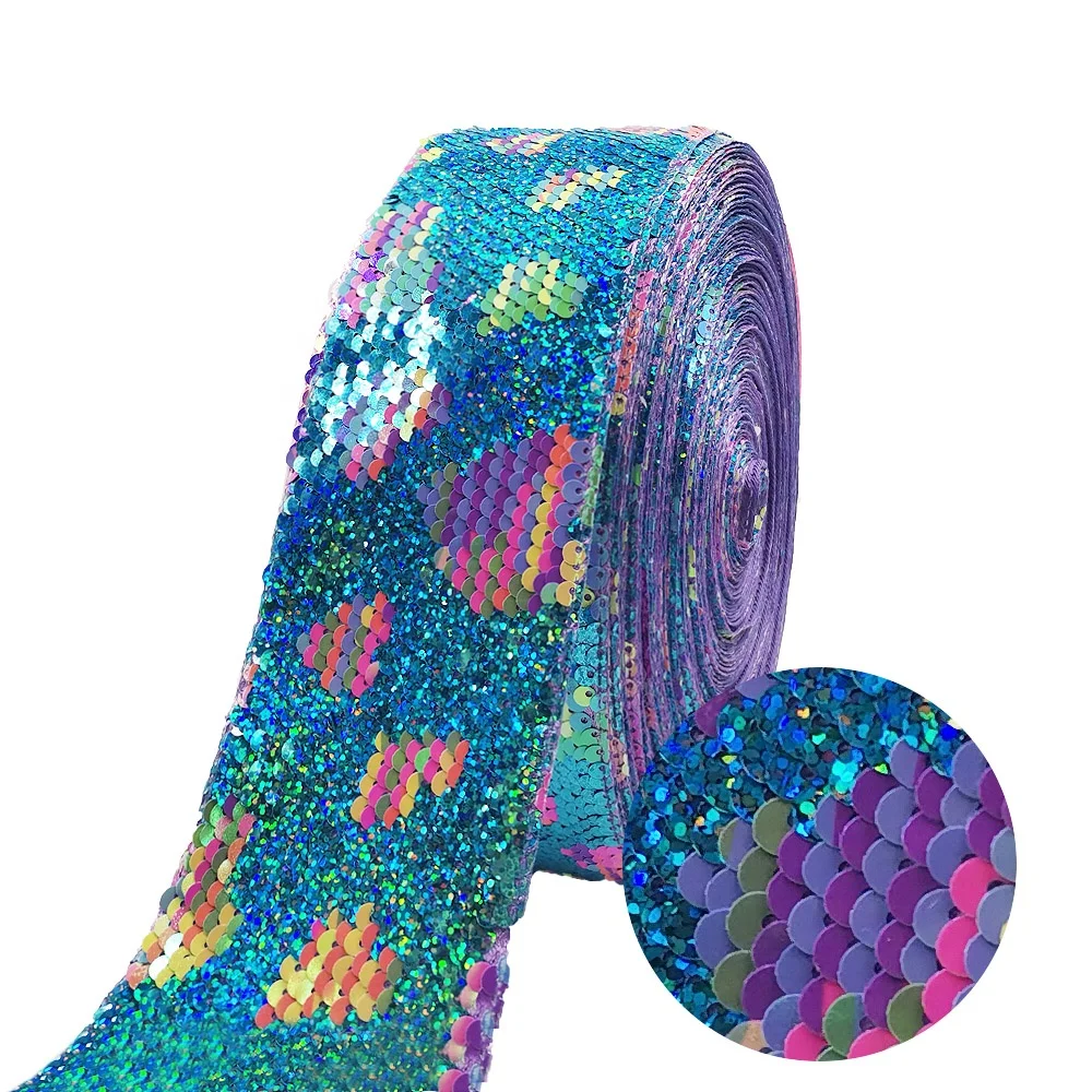 Hot sales for 75mm ribbon of reversible heart sequin ribbon material with center bows