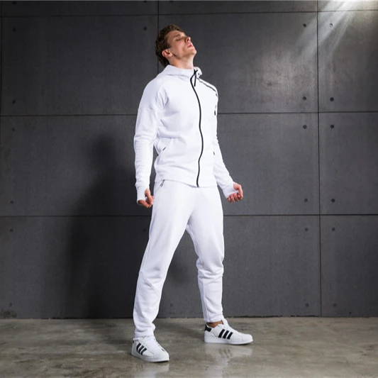 2021 Latest Fashion White Design Strip Plain Jogging Track Suit Mens 2 Piece Set Tracksuit Men Custom Zipper Hoodie Tracksuits
